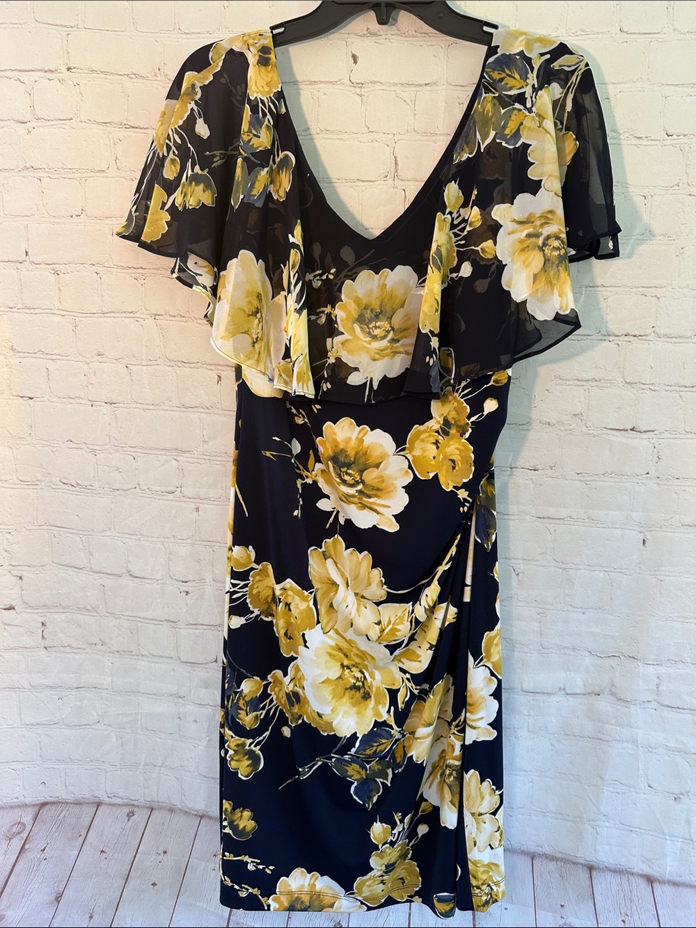 connected apparel NWT Navy Dress with Yellow Floral Print and Flutter Sleeves 12